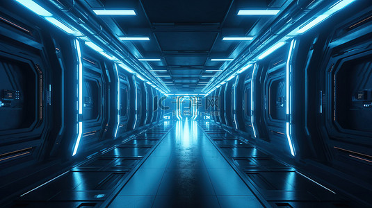 沐浴在蓝光中的未来太空飞船走廊3d科幻插画