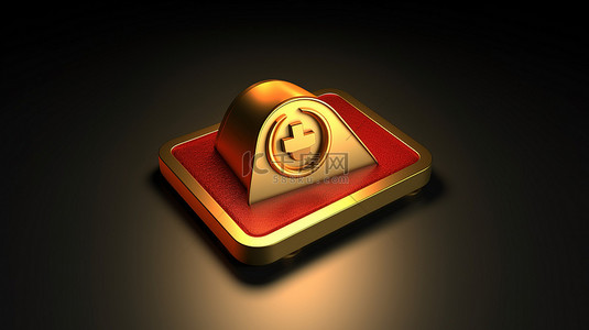 标志性露营地标志，红宝石哑光金盘上闪闪发光的金色符号，采用 3D 工艺制作，适合社交媒体