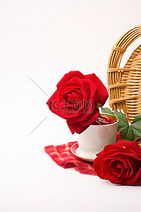 红玫瑰背景图片_一朵红玫瑰，带着篮子和食物