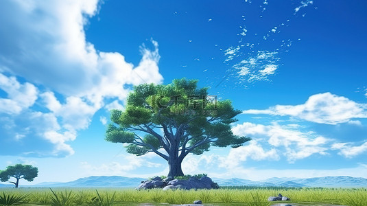 在令人惊叹的 3D 插图中，雄伟的树木高耸在蓝天的衬托下