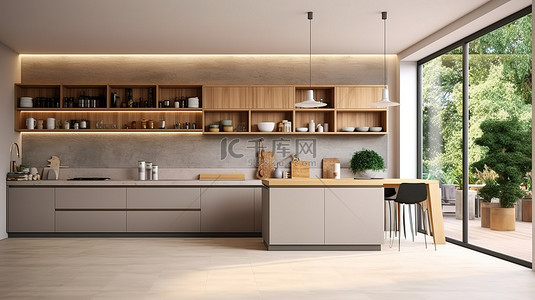 宽敞的现代厨房，配有木质台面，用于产品展示 3D 渲染插图