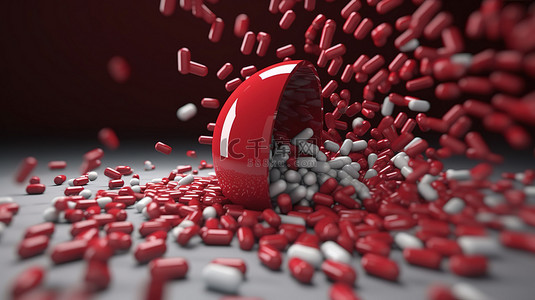 药物颗粒背景图片_打开的红白药丸胶囊内箭头形深红色颗粒的 3D 插图
