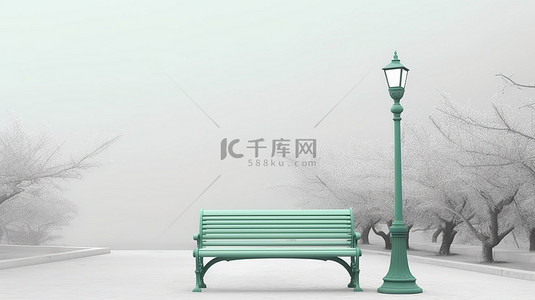 单色柔和绿色的老式公园长椅 3D 渲染