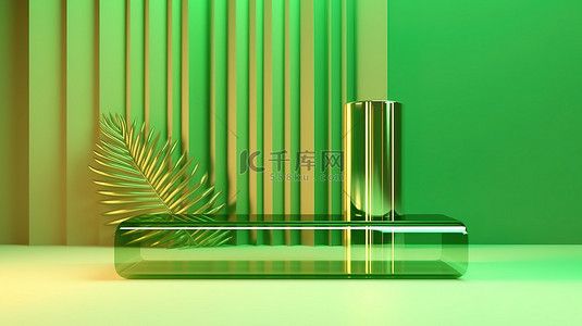 书影样机背景图片_绿色背景上阳光反射的抽象玻璃表面的 3D 渲染，用于产品展示