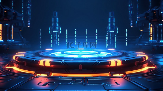模拟驾驶仓背景图片_基座舞台上虚拟现实科幻游戏场景的 3D 插图