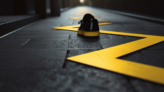 街道上的黑色皮鞋与 3D 渲染中的黄色箭头相交