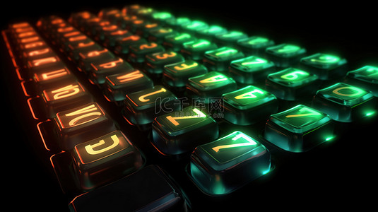 蓝色水字母背景图片_深色背景上 3D 渲染中的发光键盘字母