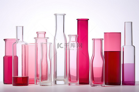 试管毒药背景图片_几个彩色玻璃花瓶和装有粉红色液体的试管