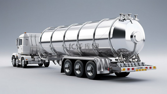 由一辆大型白色油罐车牵引的闪亮银色拖车 3D 渲染的 360 度视图
