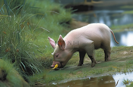 池塘边背景图片_豚鼠在池塘边的水边吃草