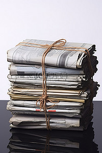 一堆报纸和两捆用绳子绑着的橡皮筋