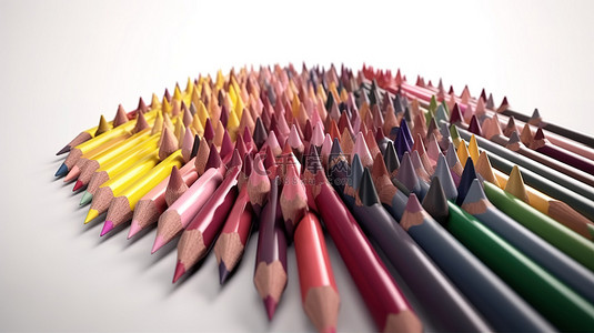 彩色铅笔排列在白色背景 3D 渲染上