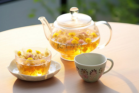 菊花背景图片_一杯茶和一些洋甘菊花混合在一起