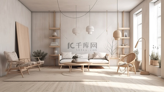 3D 渲染的室内场景白色客厅，配有浅色木质装饰和家具