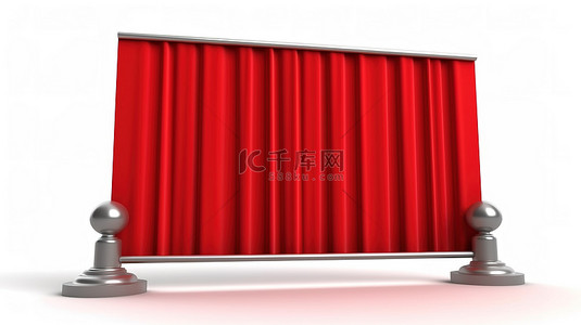 白色背景的 3D 渲染，红色窗帘打开以显示电影屏幕