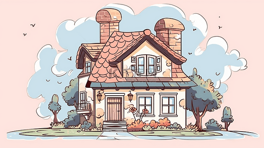 红色家庭卡通背景图片_卡通房子粉色屋顶草坪背景