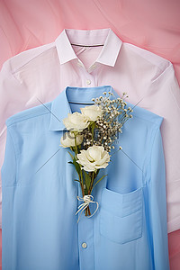 衬衫背景图片_胸花旁边有两件粉色和蓝色棉质衬衫