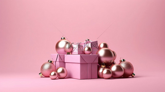 节日粉色工作室充满活力的圣诞装饰品和贺卡礼物 3D 渲染