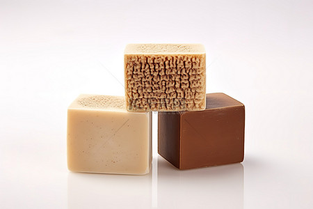 三块棕色肥皂，形状像白布上的肥皂块