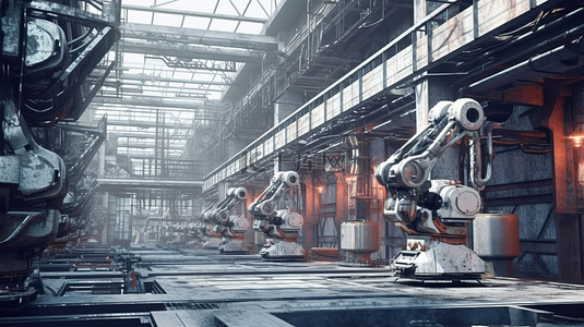 未来工厂的 3D 渲染采用机器人自动化