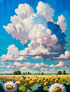 梦幻浪漫白云天空花卉草地油画水彩画背景