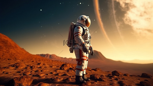 探索火星 宇航员在行星表面的 3D 渲染