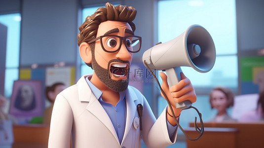 医生医院卡通背景图片_3d 渲染一个卡通人物在一家内科医院里对着扩音器大喊，有一名男医生在场