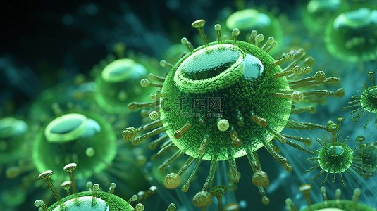 医疗绿色背景图片_微观且危险的绿色果冻状病毒的 3D 渲染图