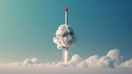 火箭般进入快乐的新年庆祝云概念的 3D 插图