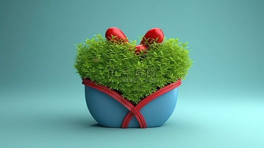 蓝色花草地背景图片_蓝色背景花盆中带有红丝带的 3D 渲染心形绿草