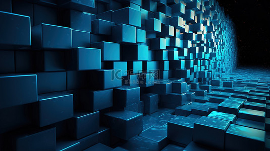抽象背景纹理发光的蓝色砖墙和 3D 渲染中的起伏块
