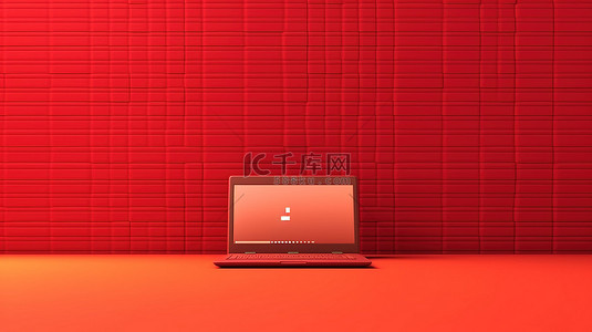 红色办公室场景背景与笔记本电脑横幅 3D 插图