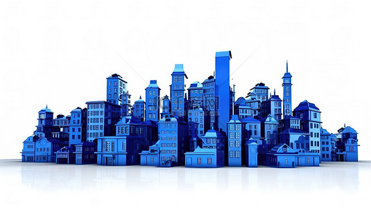白色背景下蓝色大城市交叉的 3D 渲染