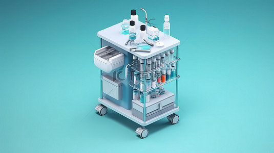 疫苗医疗背景图片_带疫苗接种设备的医疗柜手推车的等距 3D 插图