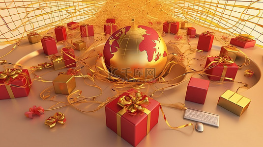 带有 3D 渲染礼物的美国主题地球仪与金色和红色鼠标相关联