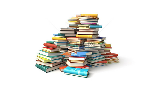 书籍标志背景图片_白色背景上一堆书的 3D 插图，标志着学年结束
