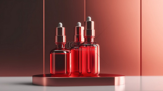 基座样机上的红色血清滴管瓶是一个以 3D 渲染的现代护肤容器