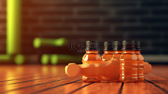 水水瓶背景图片_健身主题背景的 3D 插图，包括哑铃和用于锻炼后补水的水瓶