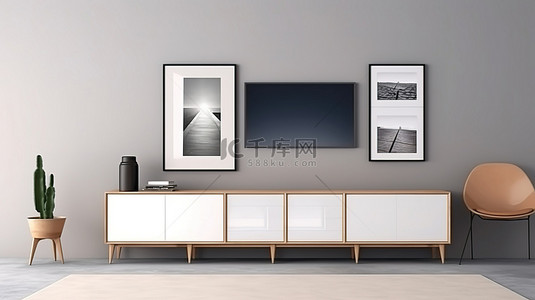 简单的生活空间展示相框电视柜和时尚的灰色墙壁 3D 渲染