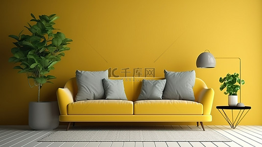 现代黄色沙发和时尚的餐边柜以令人惊叹的 3D 效果装饰现代客厅