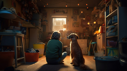 狗和它的主人在舒适的家中的 3D 插图