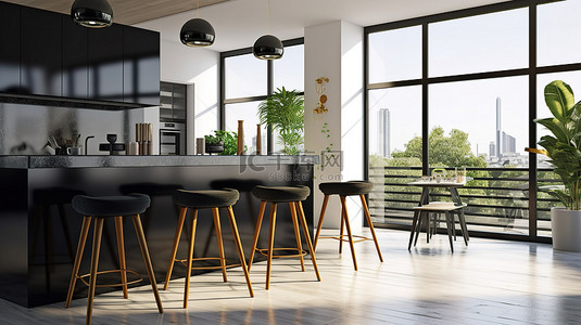 时尚的黑色吧台凳与辐射客厅 3D 渲染中的厨房岛相得益彰