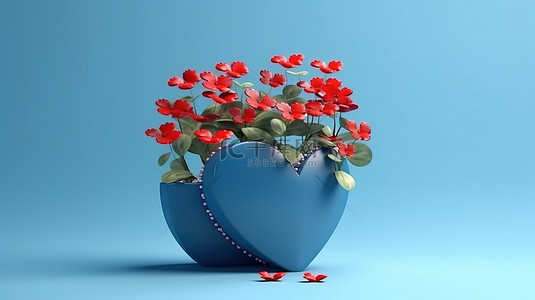 3D 设计中蓝色背景下的插花，带有充满活力的红心和丝带