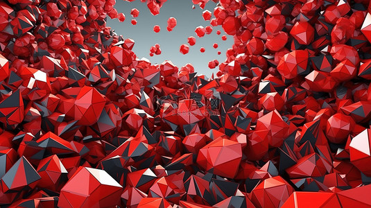 未来派海报设计在 3D 抽象渲染中混乱飞行的红色三角球