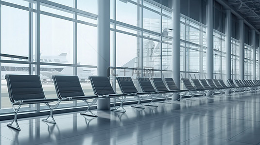 终端背景图片_3d 渲染的机场航站楼中的空座位和玻璃窗