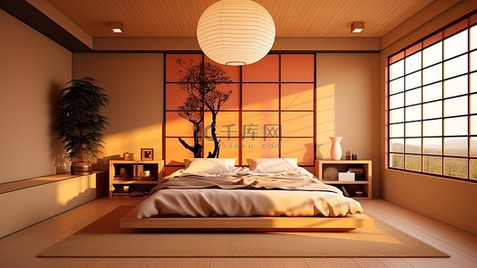 3D 渲染的正宗日式卧室室内设计