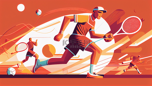 卡通球类运动背景图片_运动员网球拍足球运动背景