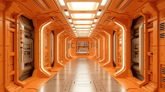 科幻航天器橙色走廊中的未来房间 3d 渲染