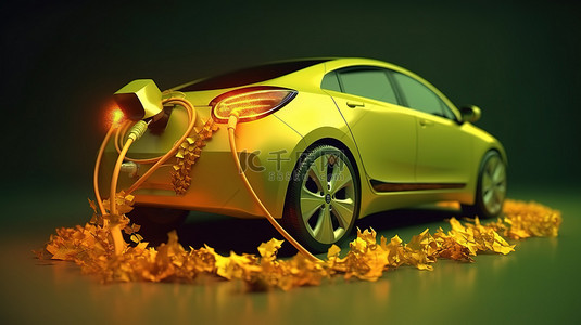 光伏充电站俯瞰图背景图片_带自然能源充电和灯的电动汽车的 3D 渲染和插图