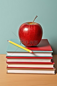 一个红苹果坐在两个笔记本的顶部，中间有铅笔